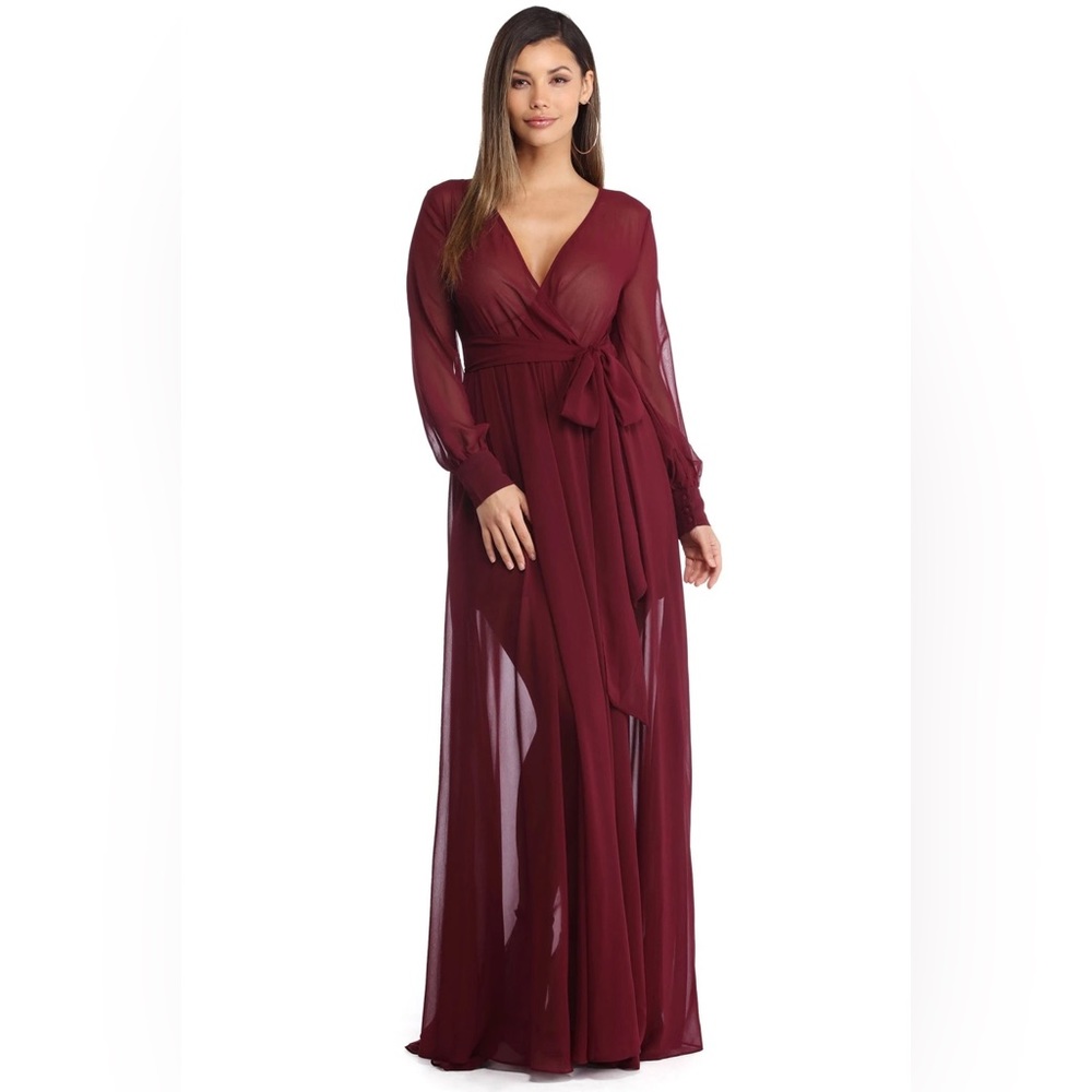 Emilia Burgundy Chiffon Wrap Dress